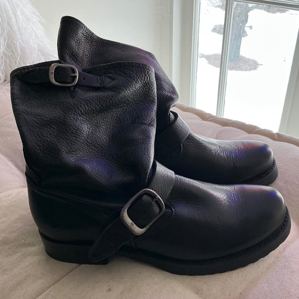FRYE Company Veronica Classic Leather Mid Moto Black BOOTS US 7.5